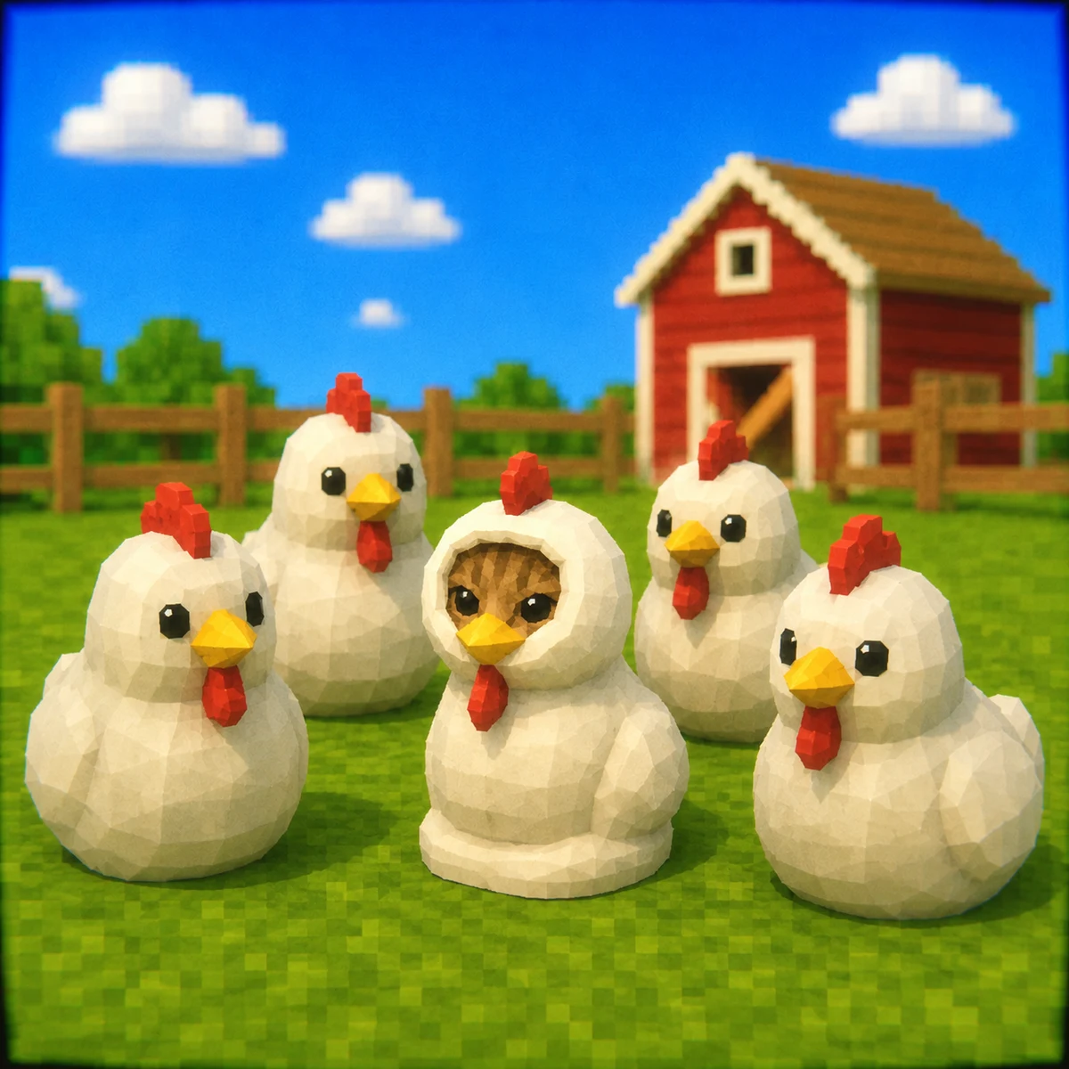 Undercover Cat standing among four hens